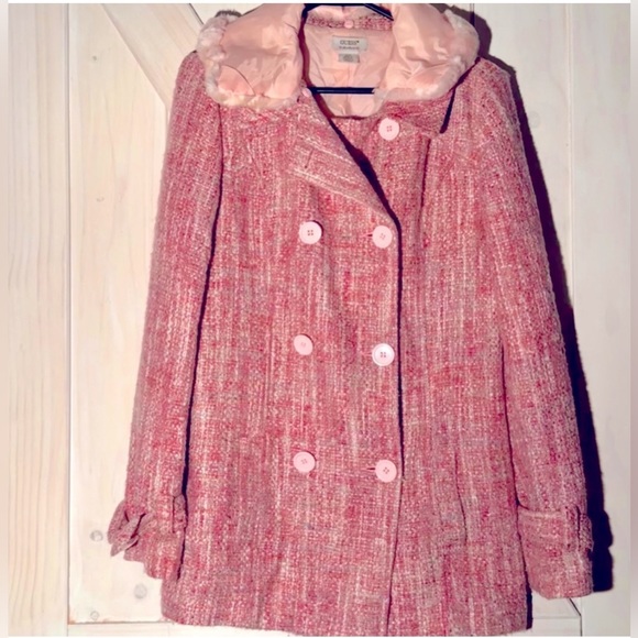 Guess authentic Pink tweed coat with detachable faux fur collar. Size M. - Picture 1 of 3